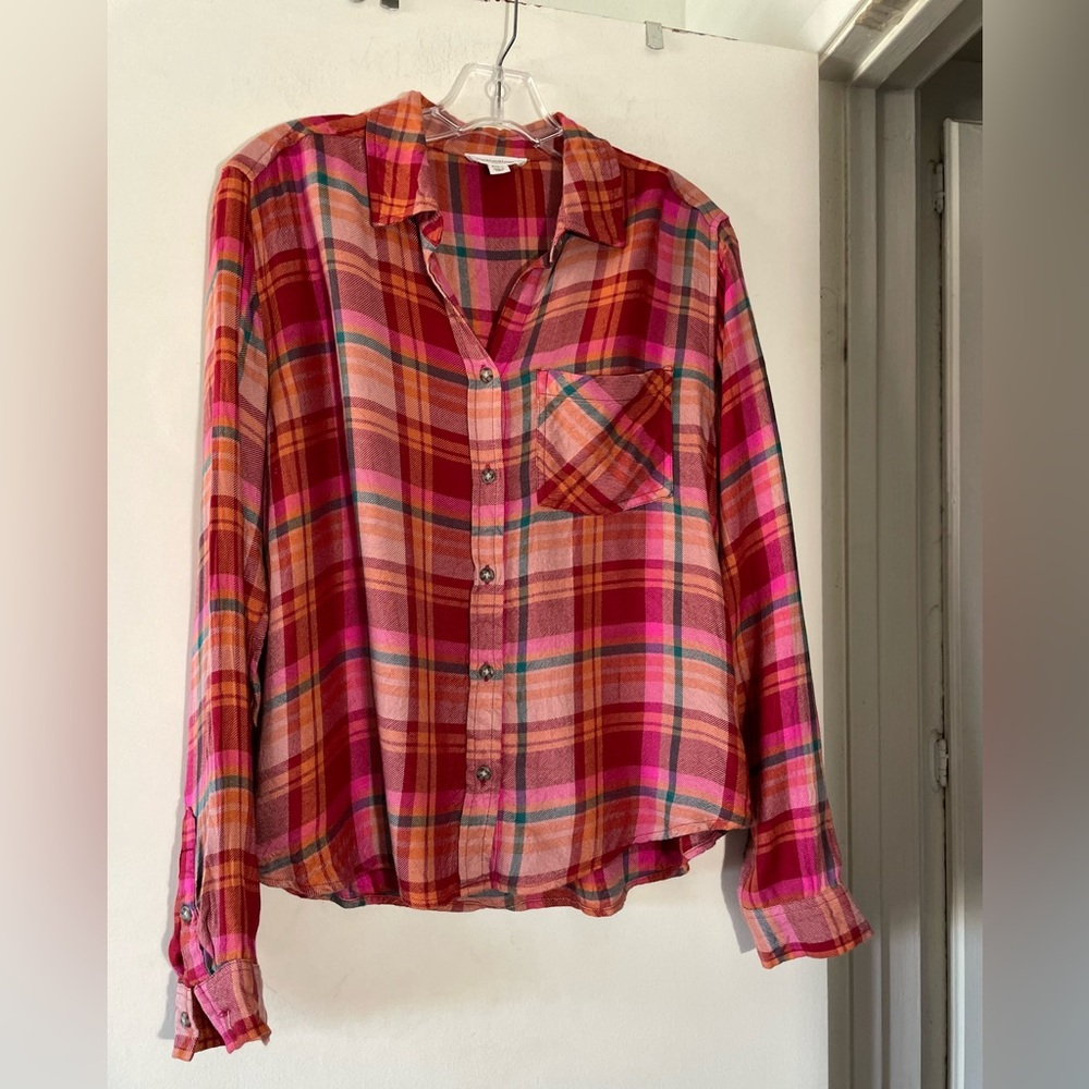 Beach Lunch Lounge Shirt Small Plaid Button Up Oversized Women’s